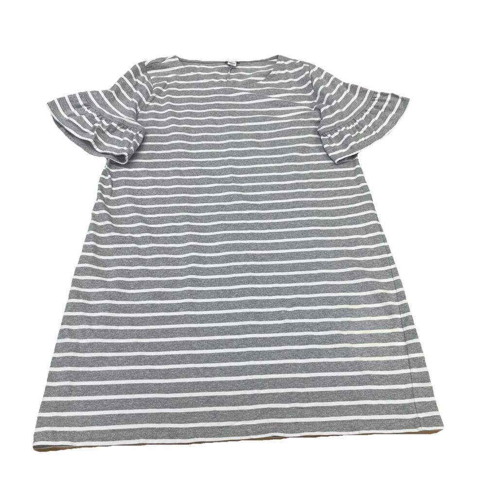 J Crew Knit Mini T Shirt Dress Gray White Size XL Ruffle Short Sleeve Preppy